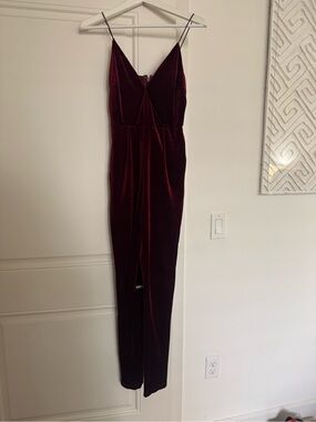 JLUXLABEL Burgundy Velvet Jumpsuit with Spaghetti Straps